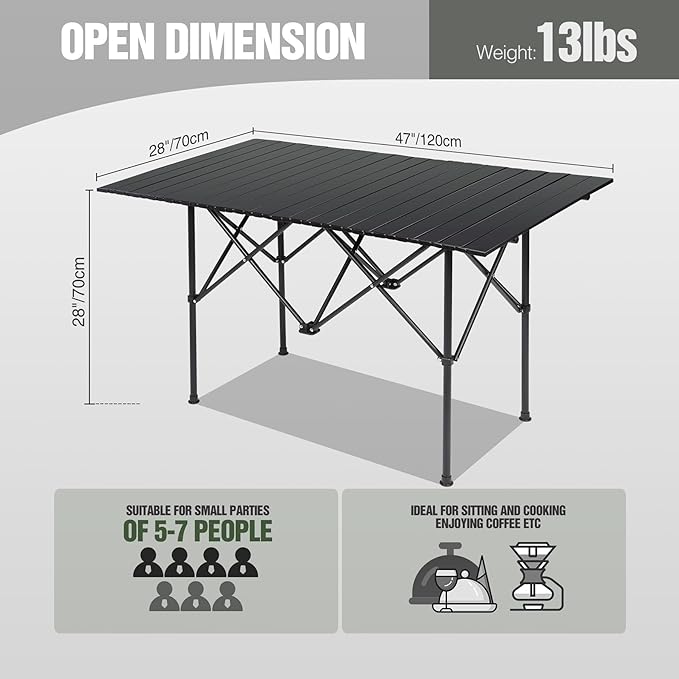 REDCAMP Roll Up Camping Tables That Fold Up Lightweight Portable Compact Metal Camp Table for Grill Outdoor Picnic Black Long 47x28