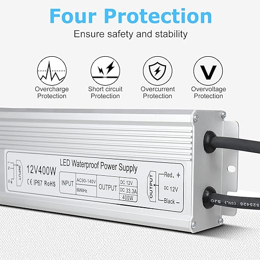 inShareplus 400W 12V Power Supply IP67 Waterproof Outdoor LED Driver AC 90-140V to DC 12 Volt 33.3A Converter Low Voltage Transformer with 3-Prong Plug for LED Light and Other 12V DC Products