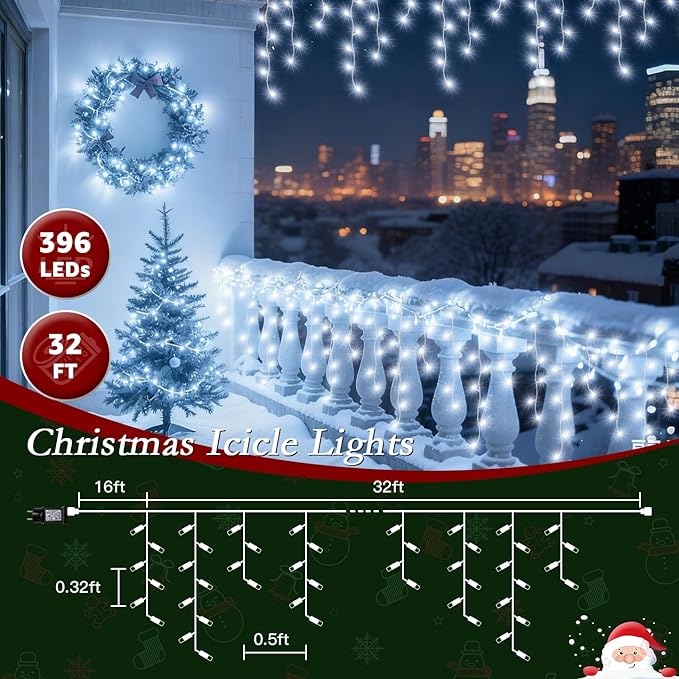 32ft Christmas Icicle Lights 396 LED Outdoor/Indoor Cool White Curtain Lights with 8Modes Plug in Waterproof String Lights for Holiday Wedding Garden Decorations
