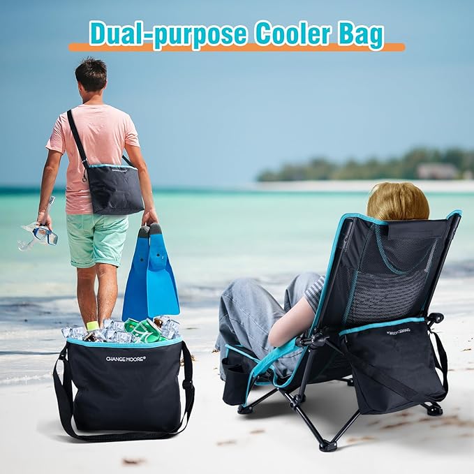 CHANGE MOORE Low Beach Chair with 2-in-1 Cooler Bag 1 Pack Support up to 300lbs Folding Beach Chairs for Adults with Cup Holder Removable Pillow &amp Carry Bag for Outdoor Sand Lawn Picnic Travel B