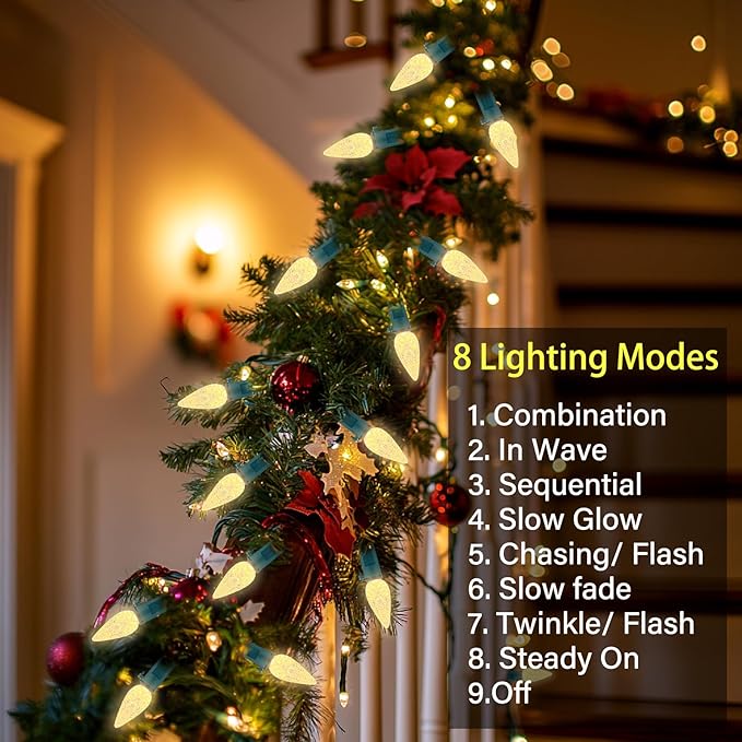 2 Pack 100LED C6 Christmas Lights Battery Operated 16.4FT C6 Christmas Lights Battery Powered with Timer 8 Modes Waterproof for Outdoor Garden Patio Indoor Xmas Tree Bedroom Party Warm White