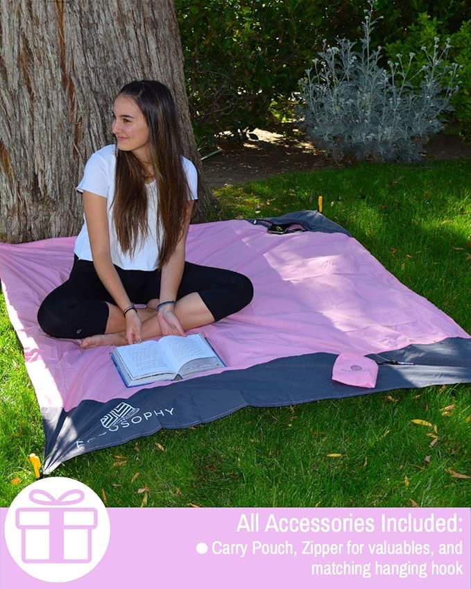 ECCOSOPHY Sand Proof Beach Blanket - Waterproof Picnic Blanket 60x55 Outdoor Compact Pocket Blanket Lightweight Ground Cover for Hiking Camping Festivals Sports Travel with Bag &amp Stakes (Pink)