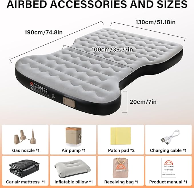 Coverado Tesla Model Y Air Mattress One Click Self Inflating Tesla Y Sleeping Pad Wireless Pump &amp Light Function 4.5 Thick Comfort Flocking Model Y Air Bed Tesla Model Y Mattress Fit 2020-202