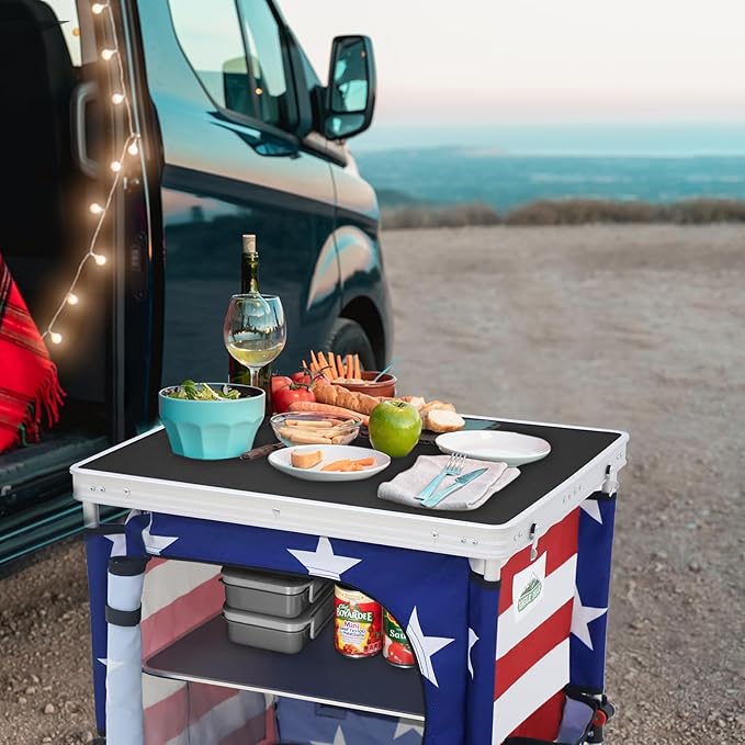 EAGLE PEAK Outdoor Folding Camping Table with Large 3-Tier Storage Organizer and Side Pockets Easy Set Up Portable Aluminum Camping Kitchen American Flag
