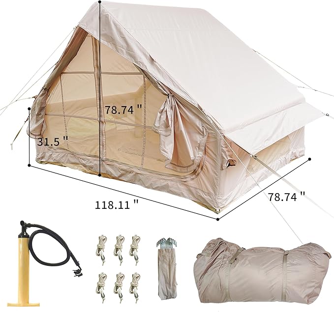 Inflatable Tent Camping Shelter Pump Included 4 Season Oxford Cloth Cabin Style Glamping House Dual Door 12 Mesh Window Ventilation Portable Carry Bag Family Outdoor Basecamp 4-6 People