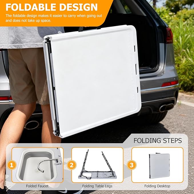 Folding Fish Cleaning Table Portable Camping Sink with Faucet Drainage Hose Portable Camping Sink Station with Drain Hose Trash Can Foldable Outdoor Sink for Camping Fishing BBQ