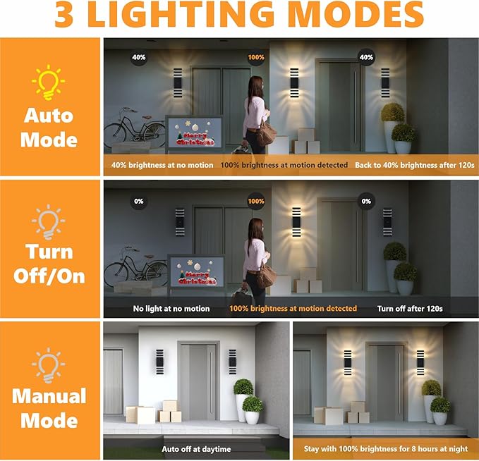 DASTOR Motion Sensor Outdoor Wall Lights 2 Pack Dusk to Dawn Outdoor Lighting 3-Layer Exterior Porch Light Fixtures Up and Down Outside Lights for House Garage