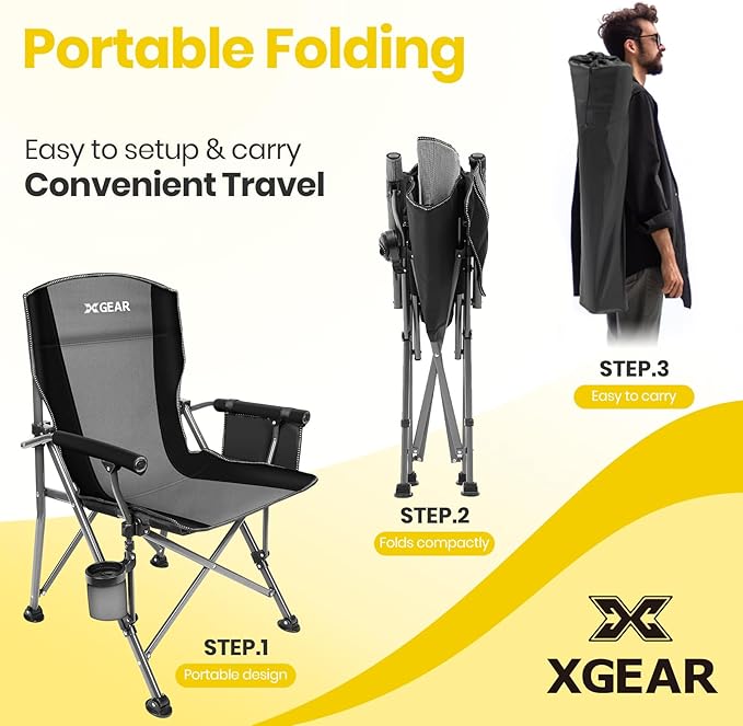 XGEAR Camping Chair with Padded Hard Armrest Sturdy Folding Camp Chair with Cup Holder Storage Pockets Carry Bag Included Support to 400 lbs