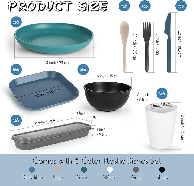66 Pcs Wheat Straw Dinnerware Sets Unbreakable Dinnerware Set Reusable Wheat Straw Plates and Bowls Set for 6 Camping Mess Kit for TravelCamping EssentialsPicnicHomeParty