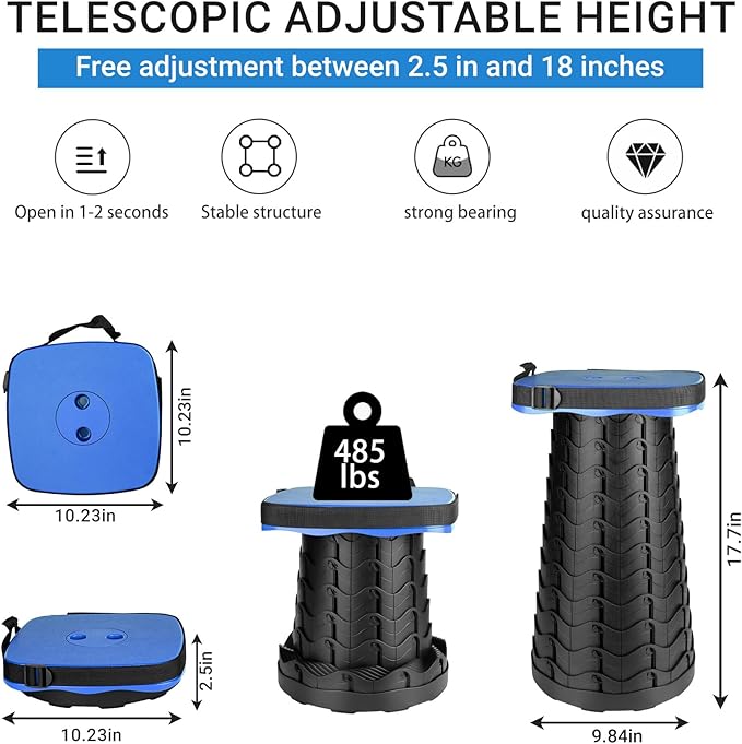 Upgraded Folding Stool - 485lbs Load CapacityTelescopic StoolPortable Collapsible Seat for CampingFishingHikingTravel
