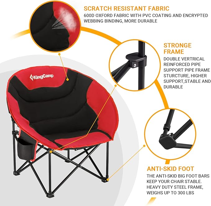 KingCamp Foldable Saucer Moon Lounge Chair with Cupholder Storage Pocket for Indoor Home or Outdoor Camping and Tailgating Use Black/Red