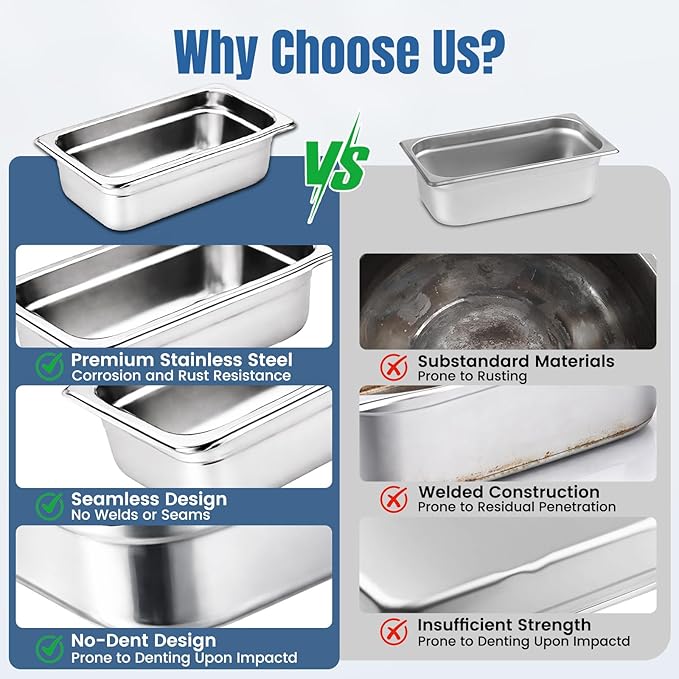 6 Pack 1/9 Size Steam Table Pan Set2.5 Deep Hotel Pans Half Size Anti Jam Stainless Steel Food Pan for RestaurantsCateringHotel BuffetHomeParty