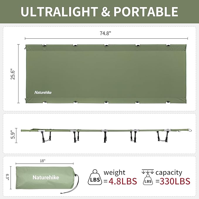 Naturehike GreenWild Camping Cot Ultralight Folding Backpacking Cot 60-Second Easy Set-Up Supports 330lbs Portable Camping Bed for Adults for Camping Hiking Travel Home
