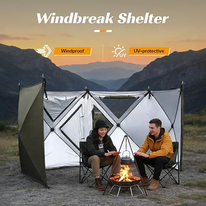 16FT Camping Wind Blocker 4 Panels Beach Privacy Screen Wind Screen Shade Wall with Mesh Window Poles Ground Nails Included for Camping Beach Garden (Green)