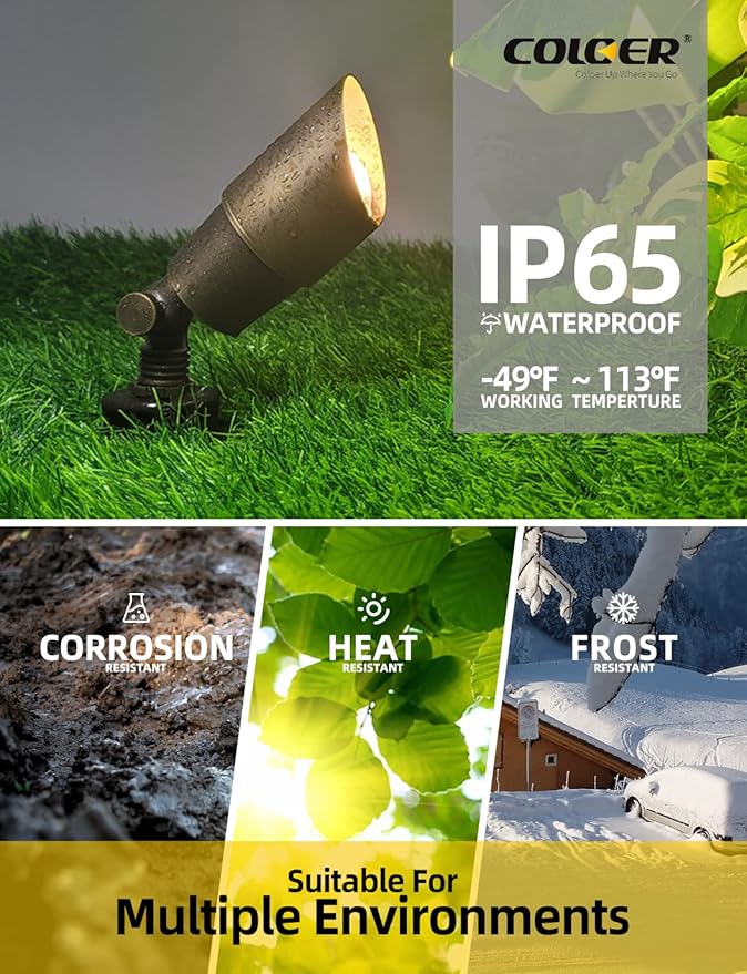 COLOER Brass Landscape Spotlights 12 Pack Spot Lights Outdoor with 5W Aluminum Housing MR16 LED Bulb 2700K 450LM 12V AC/DC Low Voltage Outdoor Lighting for Yard Uplight for Garden and Patio(101B)