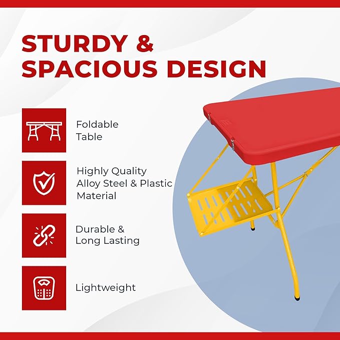 6Ft Rolling Folding Table with Built-in Wheels Durable Plastic Team Colors Easy to Carry Perfect for Camping Picnic Tailgating Party Indoor/Outdoor Use (Single Table Yellow &amp Red)