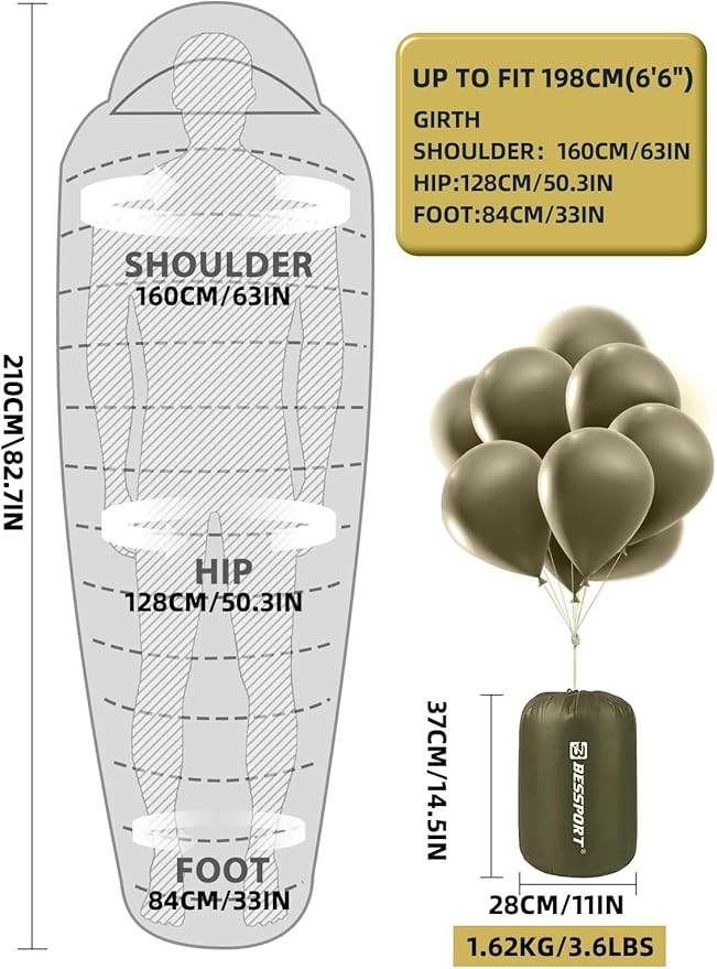Bessport Mummy Sleeping Bag | 15-45 ℉ Extreme 3-4 Season Sleeping Bag for Adults Cold Weather– Warm and Washable for Hiking Traveling &amp Outdoor Activities