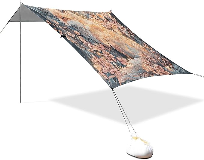 ALAZA Fox Cherry Blossom Beach Tent Sun Shelter UPF50+ Protection Beach Shade Canopy w/ 4 Sandbags for Outdoor Camping Fishing Backyard Fun Picnic 10x9 ft