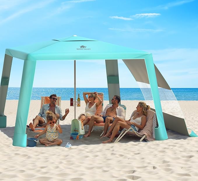 Rhino Valley Beach Cabana 8 * 8FT Beach Shade Canopy Tent UPF50+ Protection Easy Setup Wind Resistant with Cup Holder Portable Foldable Beach Tent Sun Shelter for Whole Family Turquoise Green