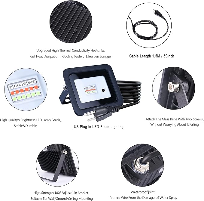 MIWAT 20W 2Pack LED Flood Light with Power Cord for Garden Lighting 4x3 inch IP68 Waterproof RGB Lamp with Remote for Landscape Lighting (Black Shell)