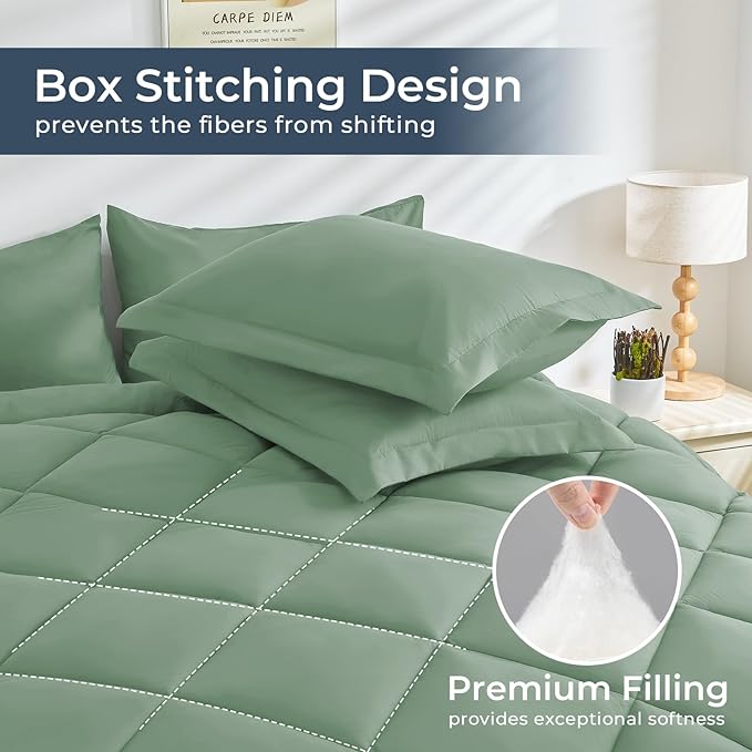 HEVUMYI Light Green Full Comforter Set - 7-Piece All Season Bed in a Bag Full Ultra Soft Bedding Set with Comforter Flat Sheet Fitted Sheet Pillowcases Pillow Shams