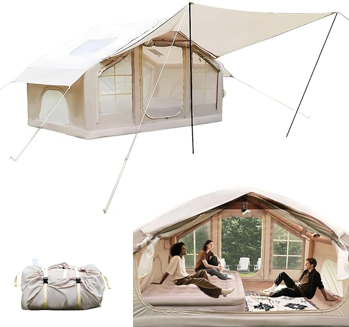 Inflatable Camping Tent with Canopy 4-6 Person 4 Season Air Tent 5 Min Quick Setup Waterproof Windproof with 420D Oxford 2 Mesh Doors &amp 4 Windows Clear Skylight for Family Camping