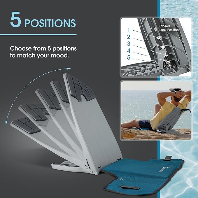 Portable Ground Chair for Beach Camping Park &amp Stadium – 5-Position Recline Wearable Lightweight – Slim Style – (Grey)