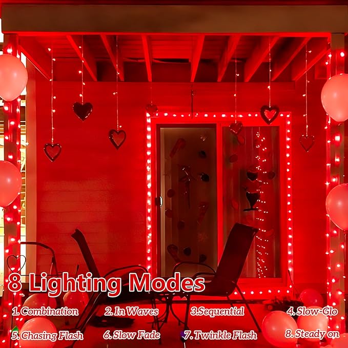YEGUO 4 Pack Red Solar Fairy Lights Each 33ft 100 LED Valentines Lights Outdoor Waterproof 8 Modes Sliver Wire Solar Christmas String Lights