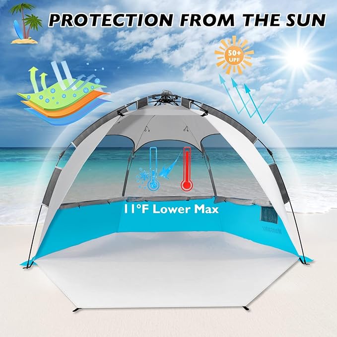 2-3 Person Large Instant Pop Up Beach Tent UV Protection Portable Easy Setup Sun Shade Shelter Extended Floor with 3 Ventilating Mesh Windows for Outdoor Camping Fishing (Light Blue)