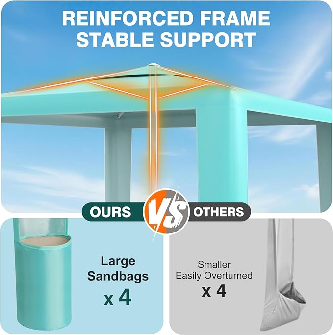 Rhino Valley Beach Cabana 8 * 8FT Beach Shade Canopy Tent UPF50+ Protection Easy Setup Wind Resistant with Cup Holder Portable Foldable Beach Tent Sun Shelter for Whole Family Turquoise Green