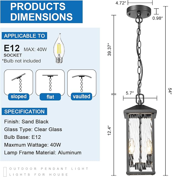 Outdoor Pendant Lights for Porch Chandelier Outdoor Pendant Lights Dusk to Dawn 2-Light Modern Hanging Porch Lights Exterior Hanging Light Fixture with Water Ripple Glass for Patio Gazebo