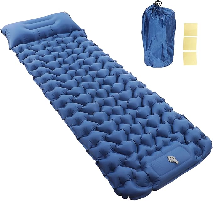 Camping Sleeping Pad Navy Blue Lightweight Moistureproof Inflatable Double Mattress with Storage for Outdoor Adventures