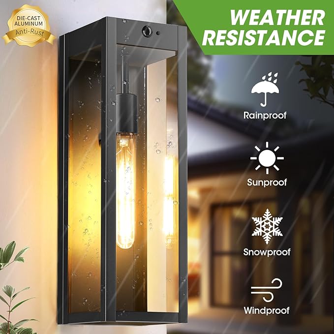 Motion Sensor Outdoor Lights for House 2-Pack 16'' Anti-Rust Large Outdoor Porch Lights Wall Mount Dusk to Dawn Coach Lights with Photocell Sensor Black Outside Sconce Garage Exterior Lighting