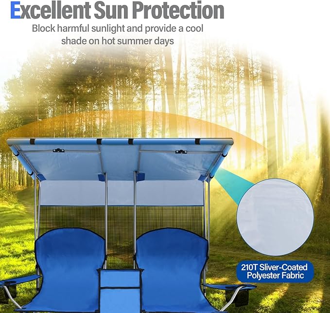 PLKO Portable Double Camping Chair with Canopy ShadeHeavy Duty Beach Chairs for AdultsFolding Beach Chair with Cooler Bag for Sports Backyard Fishing Outside（Blue）