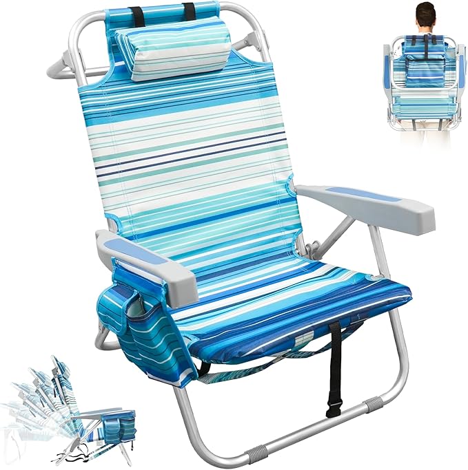 Folding Backpack Beach Chair for Adults 5-Position Aluminum Lightweight Reclining Beach Chair Low Sands Compact Chairs with Cup Holder and Padded Headrest for Lawn Patio PoolsideSupports 300lbs