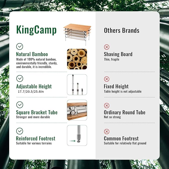 KingCamp Bamboo Folding Camping Table Adjustable. Supports 176lbs with A Premium Bamboo Top and 3 Adjustable Heights Ideal for Stable Dining or Cooking at Picnics RVs and Glamping Sites