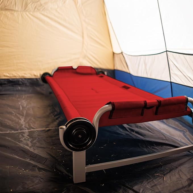 Disc-O-Bed Youth Single Cot Kid-O-Bed with Storage Organizer for Easy Gear Access &amp Carry Bag Transport Indoor or Outdoor Use Red