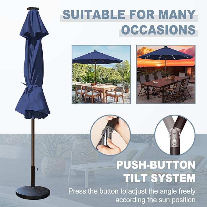 EliteShade USA 10-Year-Non-Fading 10Ft Market Umbrella with 80 LED Lights Patio Umbrella Outdoor Table Umbrella with Ventilation(Navy Blue)