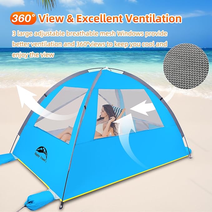 Happy Travel Beach Tent UPF 50+ UV Protection Sun Shade Shelter for 3/4/5/6/7/8 Person Portable Beach Canopy for Family &amp Baby Lightweight &amp Easy Setup Beach Cabana with 3 Ventilation Mesh