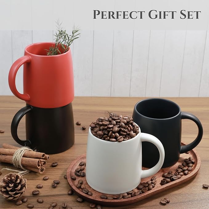 Classic Mug 14 oz Large Coffee Mug with Handle Ceramic Porcelain Tea Cup Smooth Matte (Sliding Lid Set of 2 White and Black)