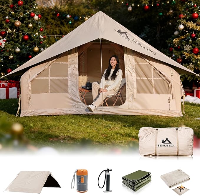 Inflatable Camping Tents 8-10 Person129 Square Feets Large Inflatable Camping Tent with Stove JackBlow up Tent with Mesh Windows &amp Pump