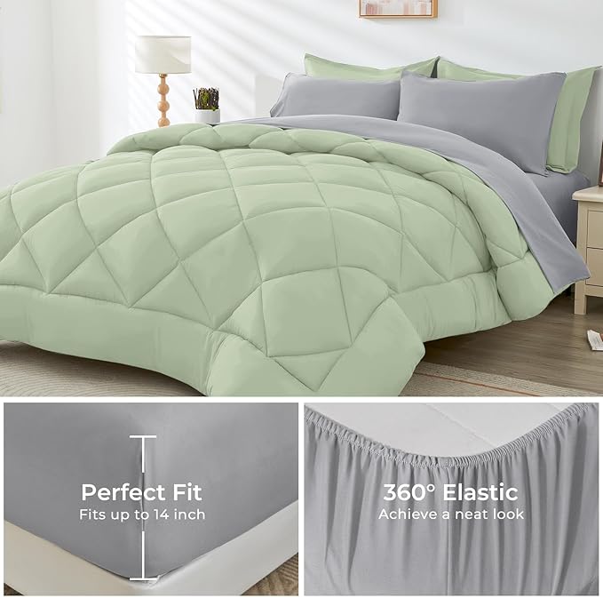 HEVUMYI Twin-XL Comforter Set - 5-Piece All Season Bed in a Bag Twin-XL Ultra Soft Bedding Set with Comforter Flat Sheet Fitted Sheet Pillowcases Pillow Shams Sage Green &amp Light Grey