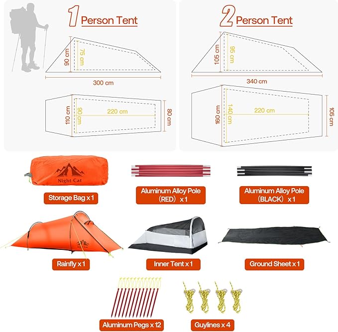 Night Cat Ultralight Tunnel Tent: Waterproof Lightweight Two People Backpacking Tent for Outdoor Camping Hiking Treeking with Double Layers Aluminum Poles and Footprint