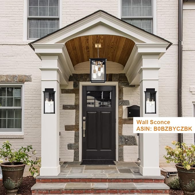 TODOLUZ Outdoor Pendant Light Fixtures 4-Lights Large Outdoor Ceiling Hanging Lanterns in Black &amp Brushed Brass Farmhouse Exterior Chandelier for Front Door Entry Patio