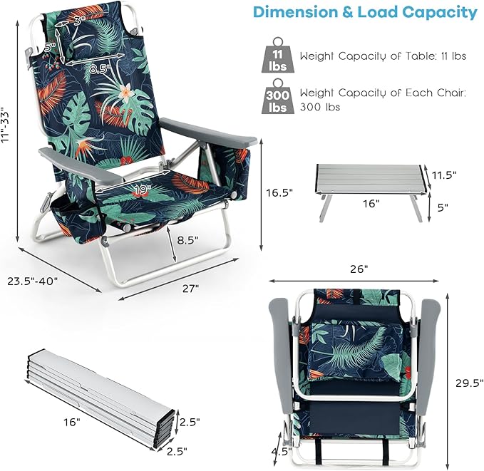 COSTWAY Backpack Beach Chairs Set 3-Piece Portable Camping Chairs with Cup Holder Ice Bag 5-Position Outdoor Reclining Chairs for Adults Travel Sunbathing Support 300 LBS Palm Tree Green