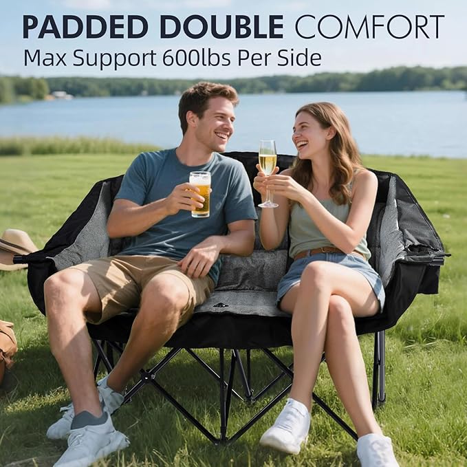 Double Camping Chair Loveseat - 2 Person Oversized Camping Couch for Adults Padded Heavy Duty Outdoor Lawn Beach Portable Folding XL Chairs with Cup Holders and Carry Bag Support 600lbs Black/Grey