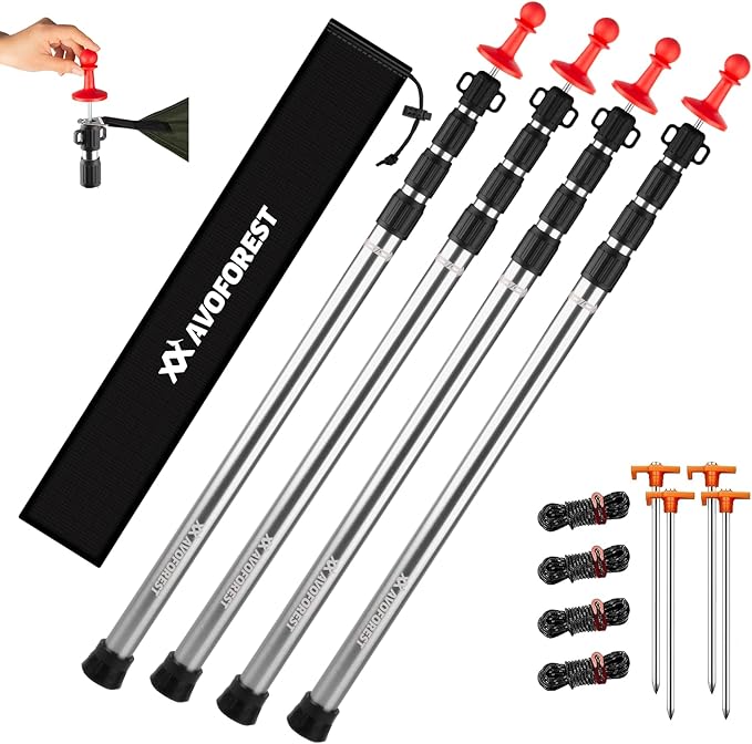 Tarp Poles Heavy Duty Adjustable AVOFOREST Aviation Aluminum 8.7FT Tent Poles Lengthen and Thicken with Protection Cap Awning Poles Set of 4 for Hiking Silver