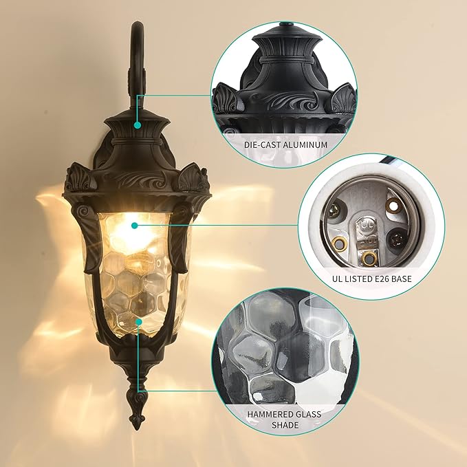 LONEDRUID Outdoor Wall Light Fixtures Black 20.47 H Exterior Wall Lantern Waterproof Sconce Porch Lights Wall Mount with Hammered Glass Shade for House