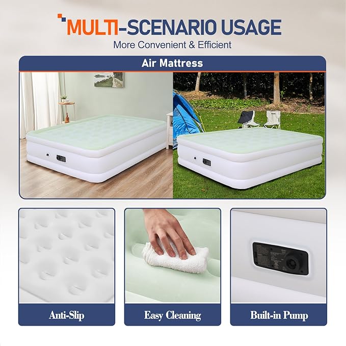 Queen Size Air Mattress with Built-in Pump Inflatable Bed Blow Up Mattress 18in Green White