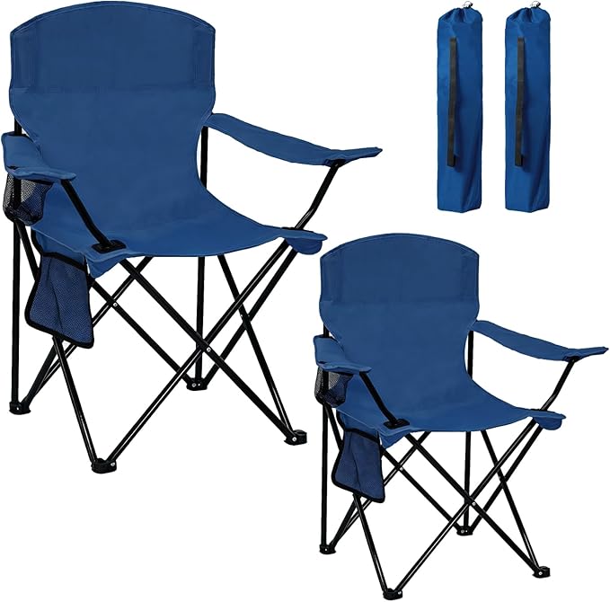 Camping Chair 2 Pack Portable Folding Chair with Cup Holder and Cooler Bag 285lbs Capacity Upgraded Foldable Chair for Outdoor Beach Fishing Backpacking Navy Blue